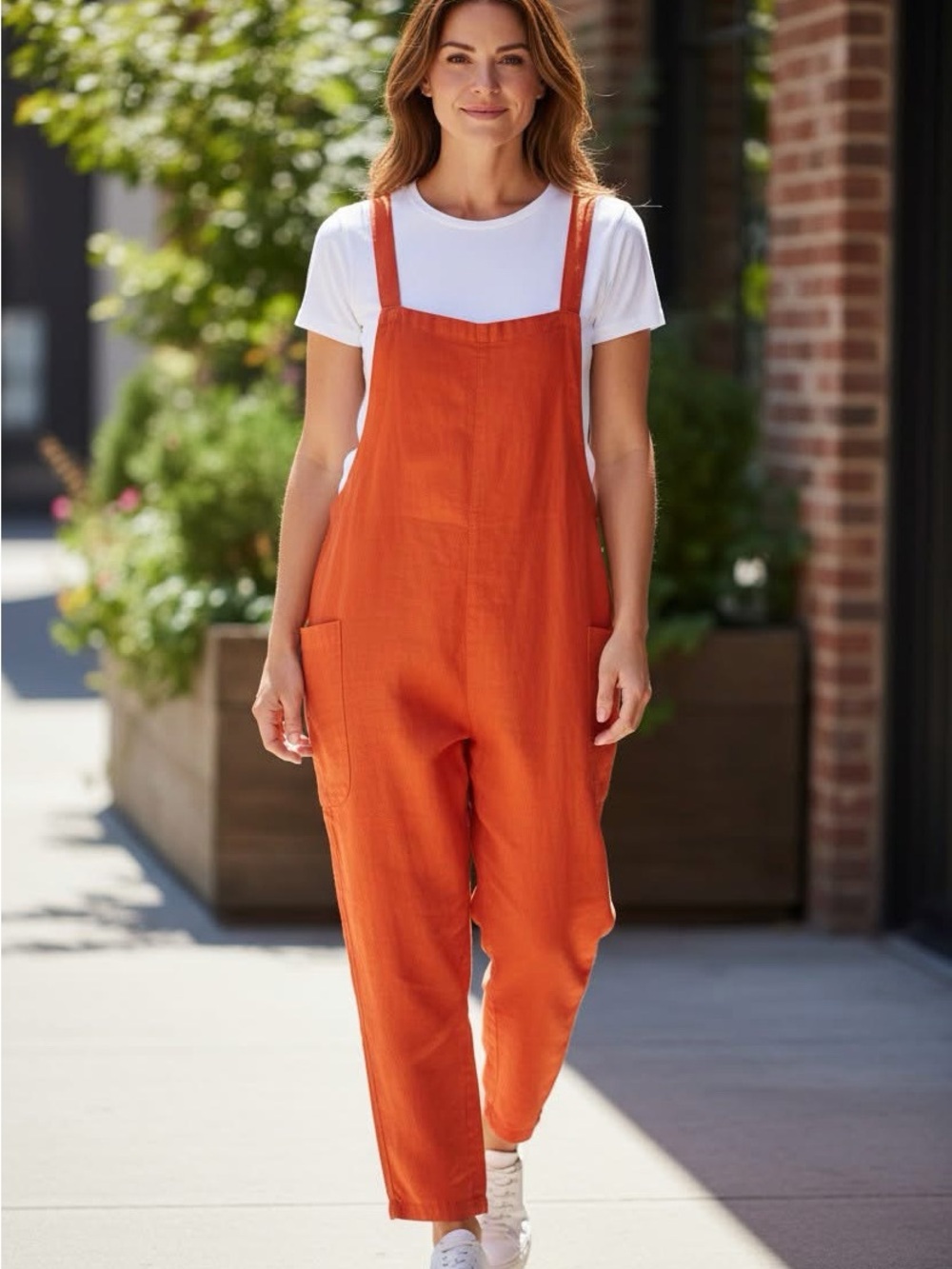 BDG Orange Relaxed Linen-Blend Overalls